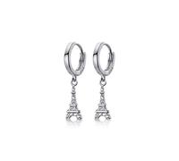 Fashion Eiffel Tower Dangle Drop Hoop Earrings S925 Sterling Silver Cubic Zirconia Crystal Dangling Charm Round Huggie Hoops Earring 10mm Studs Cute Jewelry Gifts for Women Girls Sensitive Ears