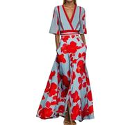 Fashion Elegant Temperament V Neck Floral Printed Summer Dresses for Women UK Flower Graphic Vintage Dress Ladies V Neck Knee Length Wrap Waist Half Sleeve Slim Trendy Maxi Dress (Red, XXXL)