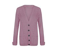 FASHION FAIRIES Chunky Cable Knitted Button Grandad Cardigan Ladies Long Sleeves Front Button Cardigan Womens V Neck Winter Wear Sweater Top UK Plus Sizes Dusty Pink