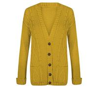 FASHION FAIRIES Ladies Chunky Aran Cable Button Top Sweater Women's Two Pocket Knitted Cardigan Warm Cozy Winter Knitwear Classic Open Front Outerwear UK Sizes 8-24 Stylish Everyday Wear Mustard
