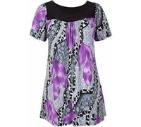 FASHION FAIRIES Ladies Short Sleeve Printed A Line Tunic Plus Size Shirt Womens Summer Wear Round Neck Smock Dress Top Purple Leaf UK 20