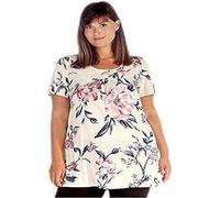 Ladies Short Sleeve Printed A Line Tunic Plus Size Shirt Womens Summer Wear Round Neck Smock Dress Top Cream Lotus UK 24-26