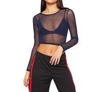 FASHION FAIRIES New Women Fance Party Sheer Mesh Crop Top Ladies Long Sleeve Crew Neck Plain Pullover Plain Sheer#(Navy Sheer Mesh Crop Top#UK 12-14#Womens)