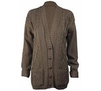 FASHION FAIRIES Women's Chunky Cable Knitted V Neck Grandad Cardigan Ladies Long Sleeve 2 Pockets Button Plus Size Party Wear Cardigan (Brown, UK Size 20-22)