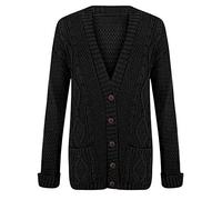 FASHION FAIRIES Women's Chunky Cable Knitted V Neck Grandad Cardigan Ladies Long Sleeve 2 Pockets Button Plus Size Party Wear Cardigan (Black, UK Size 20-22)