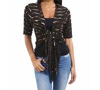 FASHION FAIRIES Women Lurex Sequin Tie Up Shrug Short Sleeves Fancy Top Ladies Big Spot Glitter Shirt Party Wear Christmas Top Disco Club Bolero Shrug Gold