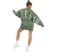 FASHION FAIRIES Women's Buffalo New York Slogan Long Sleeve Casual Crew Neck Sweatshirt Ladies Pullover City New York Buffalo Slogan Print Oversized Jumper Baggy Tops (Khaki, UK 16)