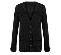 FASHION FAIRIES Womens Chunky Cable Knitted Button Grandad Cardigan Ladies Long Sleeves Front Button Cardigan V Neck Winter Wear Sweater Top Plus Sizes Black