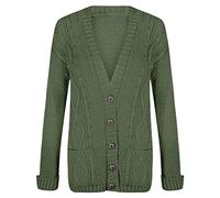 FASHION FAIRIES Women's Chunky Cable Knitted V Neck Grandad Cardigan Ladies Long Sleeve 2 Pockets Button Plus Size Party Wear Cardigan (Khaki, UK Size 20-22)