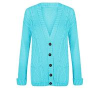 FASHION FAIRIES Women's Chunky Cable Knitted V Neck Grandad Cardigan Ladies Long Sleeve 2 Pockets Button Plus Size Party Wear Cardigan (Turquoise, UK Size 16-18)