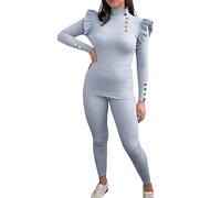 FASHION FAIRIES Women's Frill Peplum Moch Neck Long Sleeve Side Gold Button Fine Top Tracksuit Ladies Two Piece Ribbed Knitted Trouser Loungewear Co-Ord Suit Set (Sky Blue, UK 12)