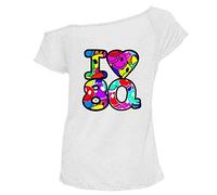Womens Slash Neck I Love The 80s T Shirt Off Shouder Style Top Ladies Pop Festival Cap Sleeve Retro Basic Shirt (Smile Faces White UK 8-10)