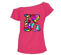 Women's Slash Neck I Love The 80s T Shirt Off Shoulder Lightweight Style Top Ladies Pop Festival Cap Sleeve Disco Style Pattern Retro Basic Shirt (Smile Faces Pink UK 8-10)