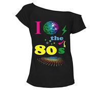 Womens Slash Neck I Love The 80s T Shirt Off Shouder Style Top Ladies Pop Festival Cap Sleeve Retro Basic Shirt (Disco Black UK 16-18)