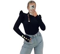 FASHION FAIRIES Women's Knitted Gold Buttons Frill Puff Long Sleeve Shirt Tops Ladies Ribbed Knitted Frill Moch Neck OL Work Slim Pullover Plus Size Jumper (Black, UK M/L)