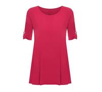 FASHION FAIRIES Womens Turn Up 3/4 Sleeve Button Top Ladies Stretch Flared Swing Dress Scoop Neck Casual Summer Wear 3 Quarter Sleeves Plain Shirt Top Plus Size Cerise