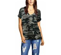 FASHION FAIRIES Womens V Neck Turn Up Sleeve Top Ladies Baggy Casual Loose Top Tshirt Plus Size Plain Summer Wear Tee Top Stretched Shirt UK 8-26 Grey Camouflage
