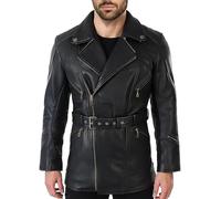 Fashion_First Men's 3/4 Cross Zipper Brando Leather Motorcycle Long Jacket - Officer Biker Black Genuine Leather Coat