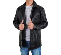 Fashion_First Men's 3/4 Mid Length Genuine Leather Trench Coat - Winter Black Leather Car Coat Blazer Long Jacket