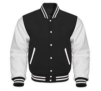 Fashion_First Mens black and white american varsity jacket - College Baseball Bomber Jacket Black White Fleece Jacket