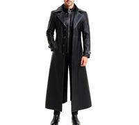Fashion_First Mens Black Full Length Leather Coat - Men Long Trench Leather Overcoat Cosplay