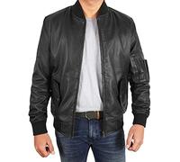 Fashion_First Mens Black Leather Bomber Jacket - Men Ma 1 Flight Bomber Leather Military Style Jacket