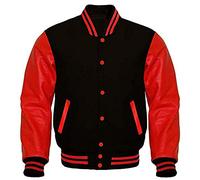 Fashion_First Men's Black Red Varsity Letterman College Baseball Jackets - Fleece Bodice And Faux PU Leather Sleeves Bomber Jackets