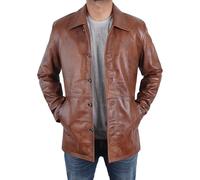 Fashion_First Mens Brown Real Leather Coat - Mens Vintage Brown Casual Leather Pea Coat Cosplay Costume
