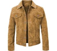 Fashion_First Mens Brown Suede Leather Biker Jacket Western Cowboy Style Genuine Goat Suede Trucker Jacket Harrington Jacket