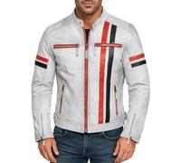 Fashion_First Mens Casual Faux Leather Jacket Red Black Stripes Cafe Racer Retro Motorcycle Synthetic Leather Jacket