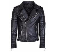 Fashion_First Mens Diamond Brando Motorbike Quilted Black Leather Jacket - Men Brando Biker Motorcycle Jacket