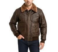 Fashion_First Mens Distressed Brown Bomber Real Leather Pilot Jacket - Men Flight Faux Fur Collar Jackets