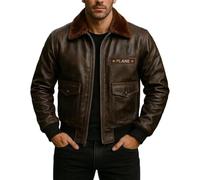 Fashion_First Mens Distressed Brown Bomber Real Leather Pilot Patches Jacket - Men Flight Brown Faux Fur Collar Jackets