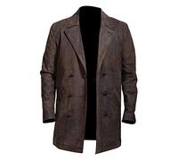Fashion_First Mens Dr Brown Real Leather Trench Coat Peacoat - Men Double Breasted German Mid Length Leather Jacket