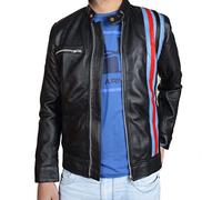 Fashion_First Mens Eddie Brock Venom 2 Tom Hardy Black Racing Biker Jacket - Red And Blue Stripes Real Leather Outwear, XL