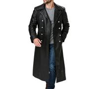 Fashion_First Mens German Classic Officer WW2 Military Uniform Black Real Leather Trench Coat