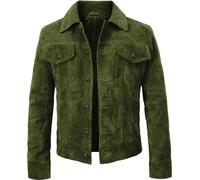 Fashion_First Mens Green Suede Leather Trucker Jacket - Western Style Cowboy Leather Jacket XL