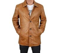 Fashion_First Mens Lambskin Tan Brown Leather Pea Coat - Men Mid Length Brown 3/4 Leather Coats