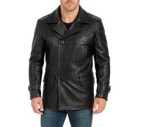 Fashion_First Men's Military Officer Black Real Leather Pea Coat - Mens Vintage Leather Jacket