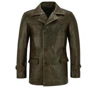 Fashion_First Mens Military Officer Distressed Leather Jacket - Mens Vintage Brown Real Leather Pea Coat