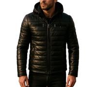 Fashion_First Mens Puffer Black Leather Hooded Motorcycle Jacket Biker Leather Bomber Jackets With Hood Black Puffer Jacket Men
