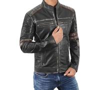 Fashion_First Mens Retro Biker Cafe Racer Motorcycle Jacket Distressed Leather Jacket Mens Black Retro Motorbike Jacket