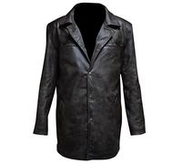 Fashion_First Mens SheepSkin Distressed Leather Pea Coat Black Leather Trench Coat - Men Black Mid Length Cosplay Jacket