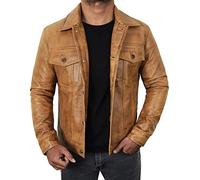 Fashion_First Mens Tan Motorcycle Real Leather Trucker Jacket For Men - Casual Outerwear Biker Leather Western Cowboy Jacket
