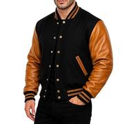 Fashion_First Mens Varsity College Jacket - Black & Golden Bomber Baseball Jacket - American Style Letterman Wool + Faux Leather Jacket For Men
