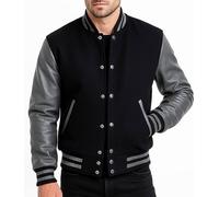 Fashion_First Mens Varsity College Jacket - Grey Bomber Baseball Jacket - American Style Letterman Wool + Faux Leather Jacket For Men,Black & Grey, L