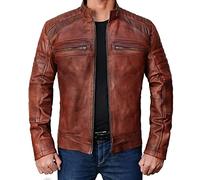 Fashion_First Mens Vintage Biker Motorcycle Distressed Brown Cafe Racer Genuine Leather Jacket (XXX-Large, Brown)