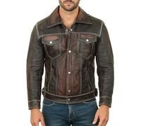 Fashion_First Mens Vintage Western Real Leather Jacket Brown Distressed Biker Coat - Button Front Closure and Multi Pockets