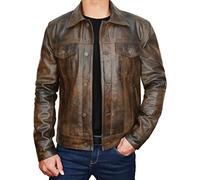 Fashion_First Mens Waxed Leather Trucker Jacket Mens Vintage Leather Distressed Jacket Brown Waxed Denim jacket