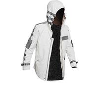 Fashion_First Mens White Hooded Leather Jacket with Straps and Pockets - Cosplay Costume Outerwear for Winter or Casual Wear